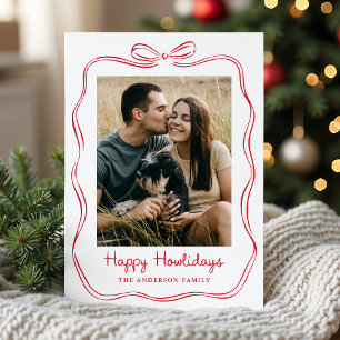 Whimsical Hand-Drawn Red Bow Happy Howlidays Photo Holiday Card