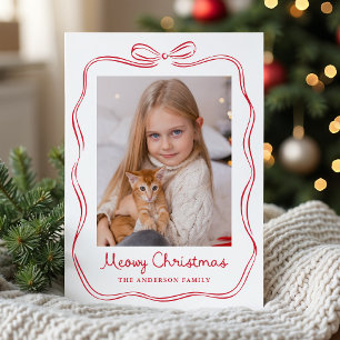 Whimsical Hand-Drawn Red Bow Meowy Christmas Photo Holiday Card