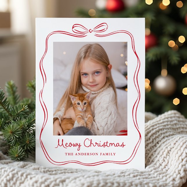 Whimsical Hand-Drawn Red Bow Meowy Christmas Photo Holiday Card (Creator Uploaded)