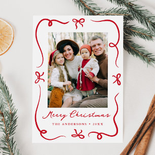 Whimsical Hand-Drawn Red Bows 2 Photo Christmas Holiday Card