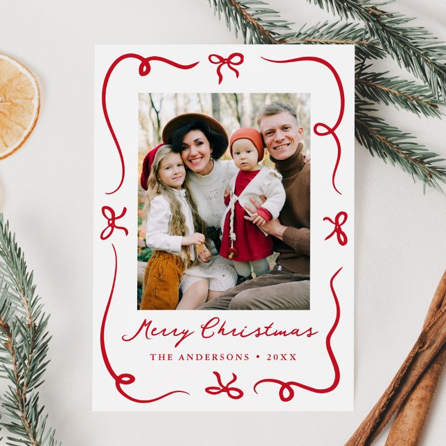Whimsical Hand-Drawn Red Bows 2 Photo Christmas Holiday Card (Creator Uploaded)