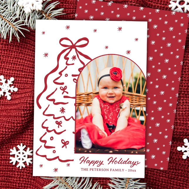 Whimsical Hand-Drawn Red Christmas Tree Arch Photo Holiday Card (Creator Uploaded)