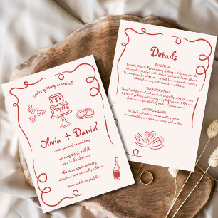 Whimsical Hand Drawn Red Details Wedding Invitation