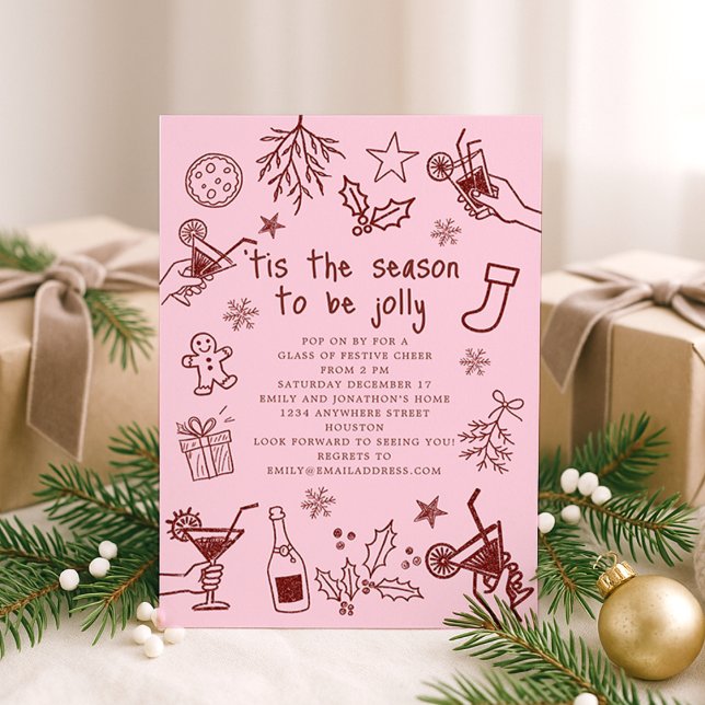 Whimsical Hand Drawn Red Pink Christmas Party Invitation (Creator Uploaded)