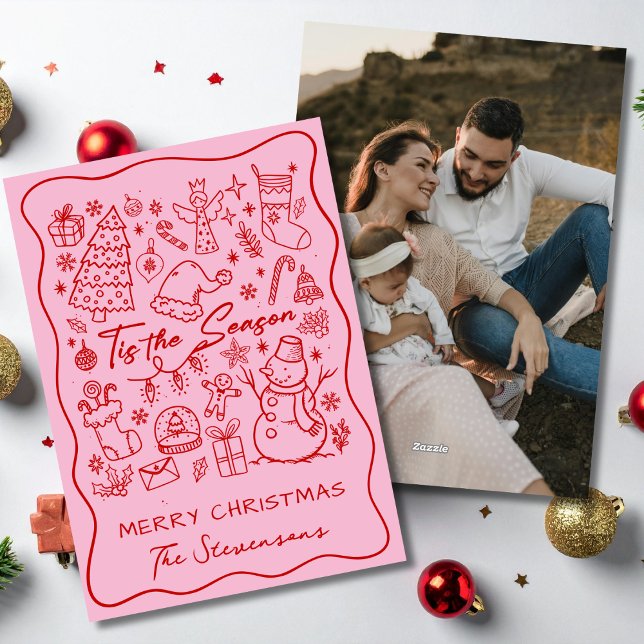 Whimsical Hand Drawn Red Pink Fun Photo Christmas  Holiday Card (Creator Uploaded)