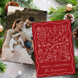 Whimsical Hand Drawn Red & Pink Photo Christmas Holiday Card