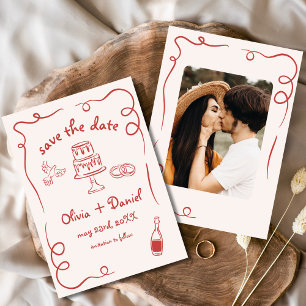Whimsical Hand Drawn Red Wedding Photo Save The Date