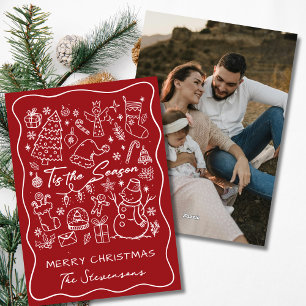 Whimsical Hand Drawn Red & White Photo Christmas Holiday Card