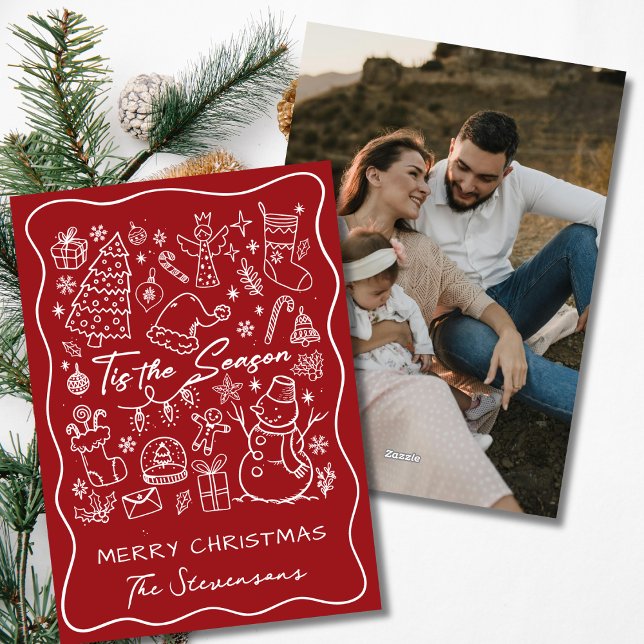 Whimsical Hand Drawn Red & White Photo Christmas  Holiday Card (Creator Uploaded)