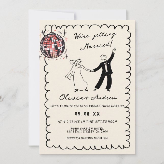 Whimsical Hand Drawn Retro Photo Funky Wedding Invitation (Front)