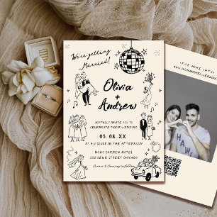 Whimsical Hand Drawn Retro Photo Funky Wedding Invitation