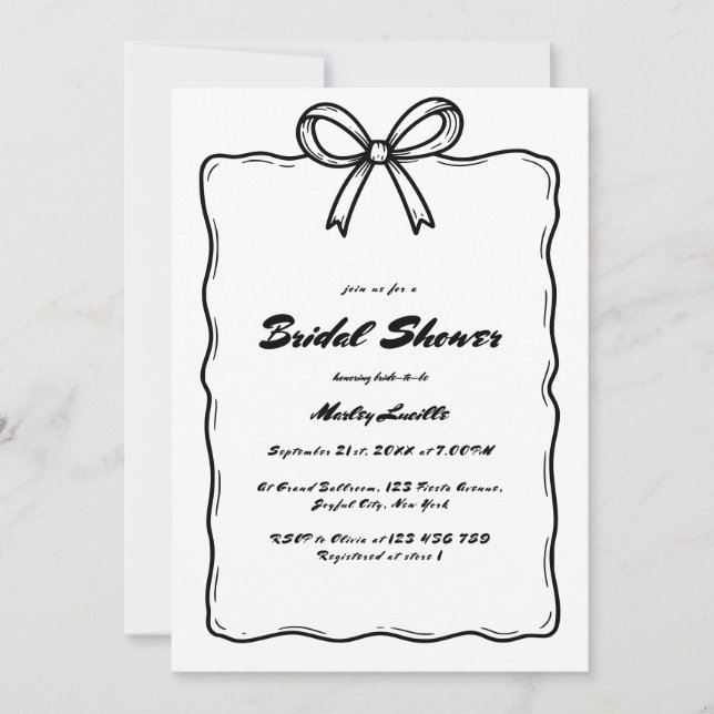 Whimsical Hand Drawn Ribbon Bow Bridal Shower Invitation (Front)