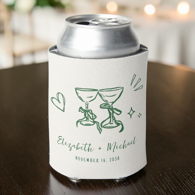 Whimsical Hand Drawn Romantic Green Cream Wedding Can Cooler (Whimsical Hand Drawn Romantic Green Cream Wedding Can Cooler)