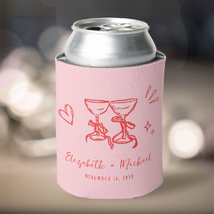 Whimsical Hand Drawn Romantic Pink Red Wedding Can Cooler
