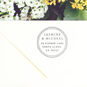 Whimsical Hand Drawn Round Frame Return Address Rubber Stamp