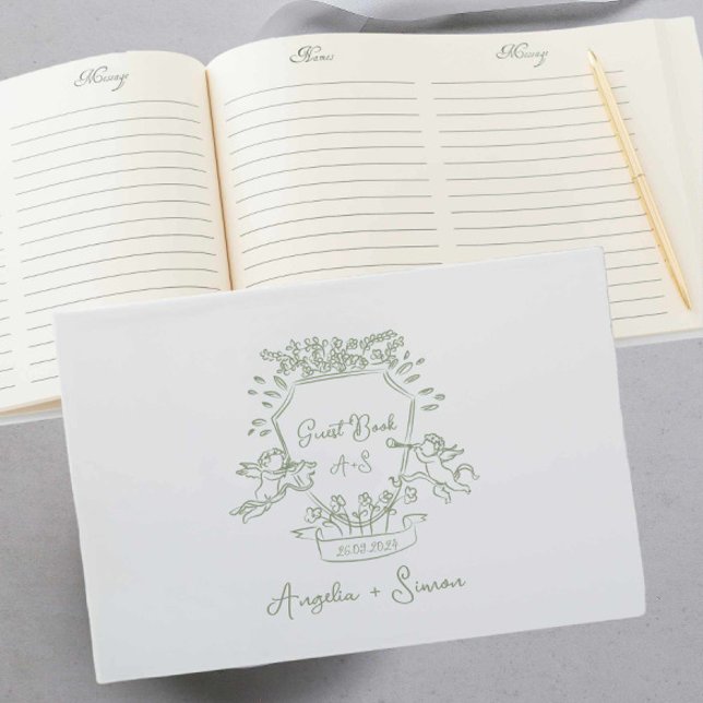 Whimsical Hand drawn Sage Green Crest Guest Book (sage green vintage crest wedding guest book features hand drawn cherub illustration )