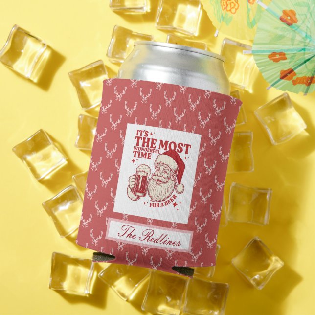 Whimsical Hand-Drawn Santa Christmas Can Cooler (In Situ Summer)