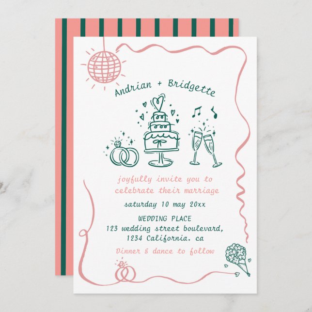 Whimsical Hand Drawn Scribble Wavy Frame Wedding Invitation (Front/Back)
