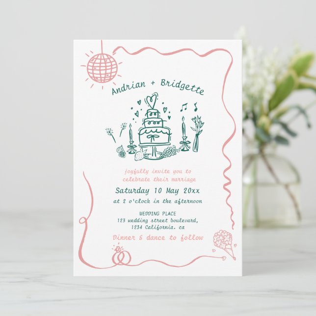 Whimsical Hand Drawn Scribble Wavy Frame Wedding Invitation (Standing Front)