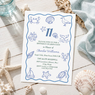 Whimsical Hand Drawn Sea Life 11th Birthday Party Invitation