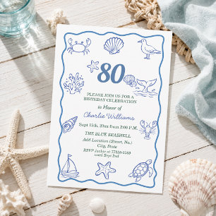 Whimsical Hand Drawn Sea Life 80th Birthday Party Invitation