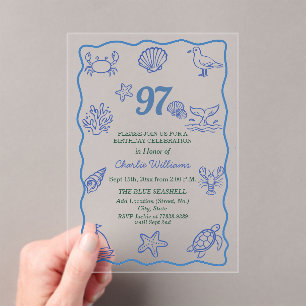 Whimsical Hand Drawn Sea Life 97th Birthday Party Acrylic Invitations