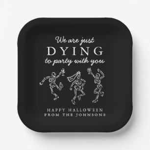 Whimsical Hand Drawn Skeletons Halloween Party Paper Plate