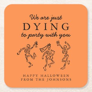 Whimsical Hand Drawn Skeletons Halloween Party Square Paper Coaster