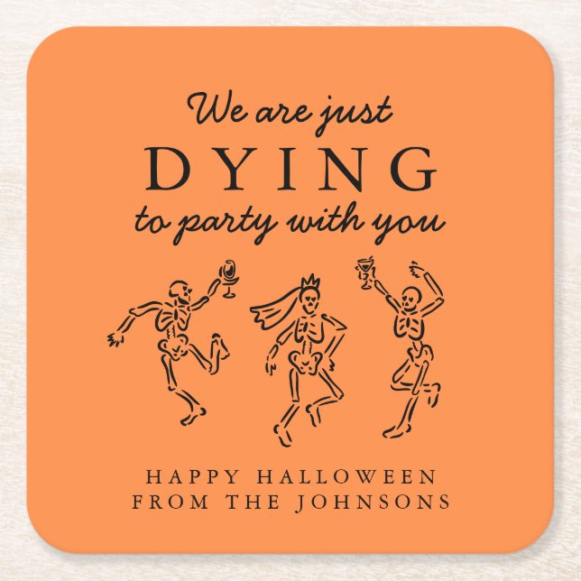 Whimsical Hand Drawn Skeletons Halloween Party Square Paper Coaster (Front)