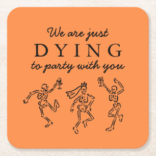 Whimsical Hand Drawn Skeletons Halloween Party Square Paper Coaster