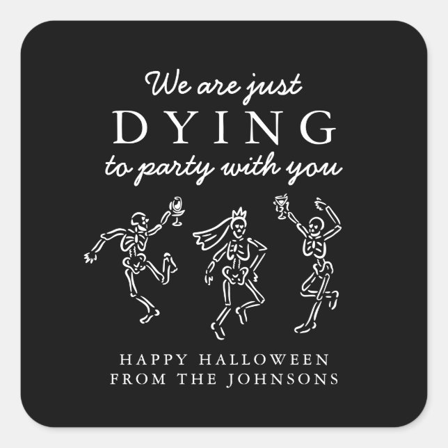 Whimsical Hand Drawn Skeletons Halloween Party Square Sticker (Front)