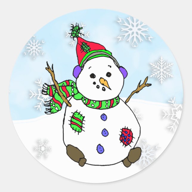 Whimsical Hand drawn Snowman Classic Round Sticker (Front)