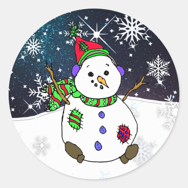 Whimsical Hand drawn Snowman on a Starry Night Classic Round Sticker (Front)
