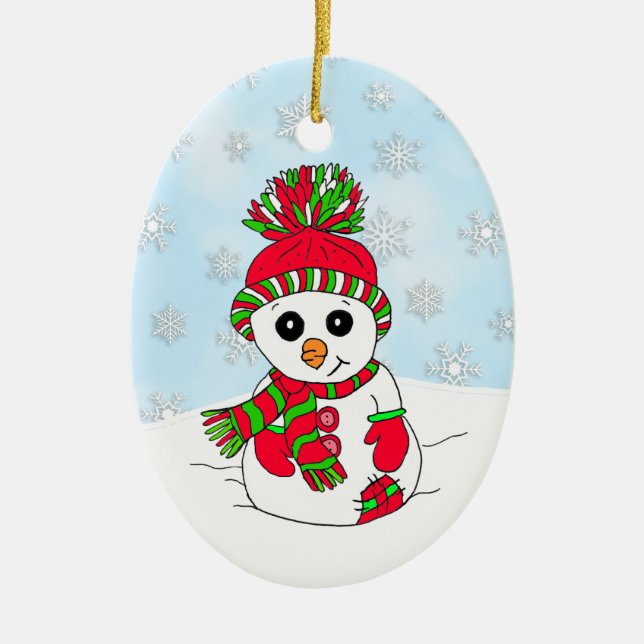 Whimsical Hand drawn Snowman  Snowy Day Christmas Ceramic Tree Decoration (Front)