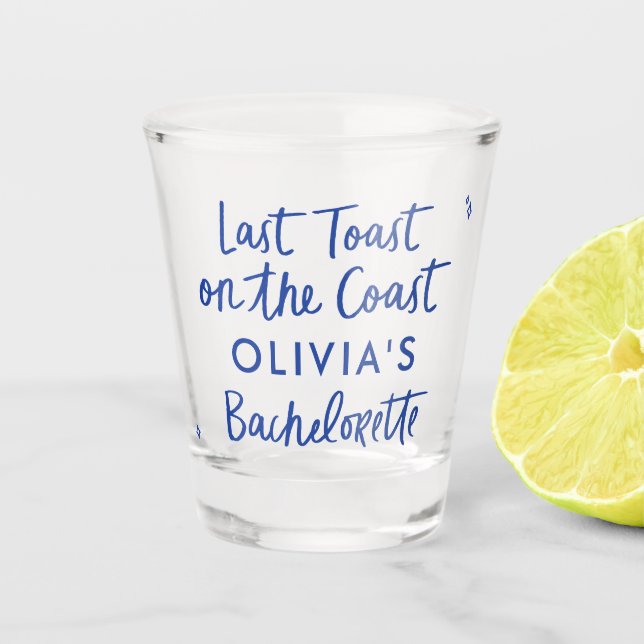Whimsical hand drawn toast toast on the coast shot glass (Front)