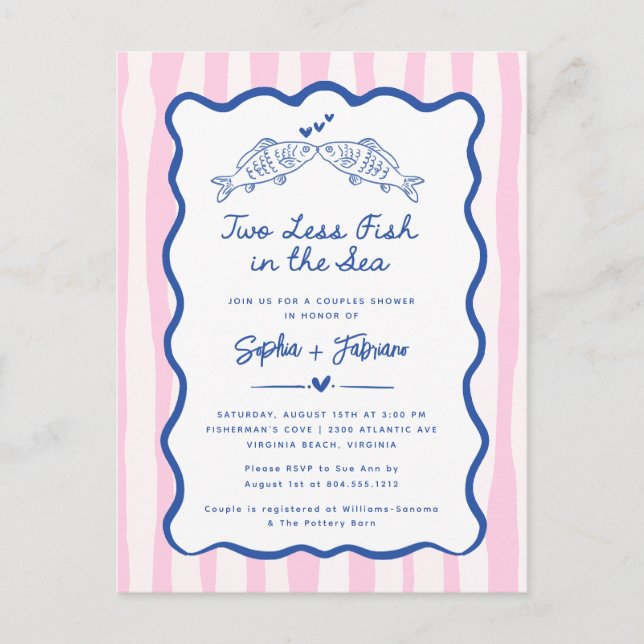 Whimsical Hand Drawn Two Less Fish in the Sea  Announcement Postcard (Front)