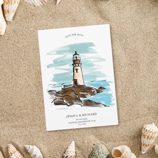 Whimsical Hand Drawn Venue Coastal Lighthouse Invitation (hand drawn lighthouse save the date)
