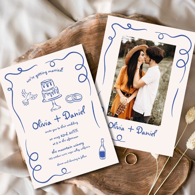 Whimsical Hand Drawn Vintage Photo Blue Wedding Invitation (Creator Uploaded)