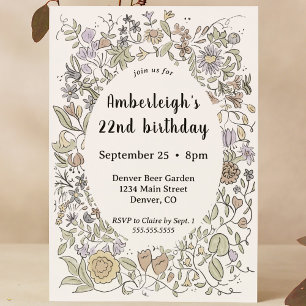 Whimsical Hand Drawn Watercolor Floral Bday Party Invitation