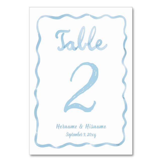 Whimsical Hand Drawn Wavy Light Blue White Table Number (Front)