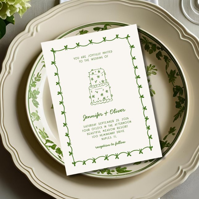 Whimsical Hand Drawn Wedding Cake Green Invitation (Creator Uploaded)