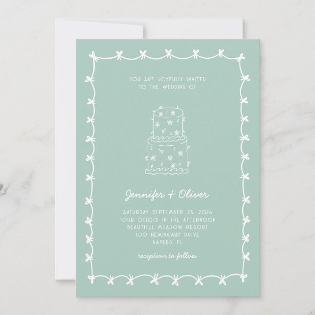 Whimsical Hand Drawn Wedding Cake Mint Green  Invitation (Front)