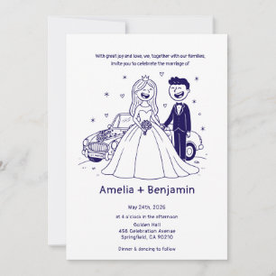 Whimsical Hand Drawn Wedding Couple Wedding Invitation