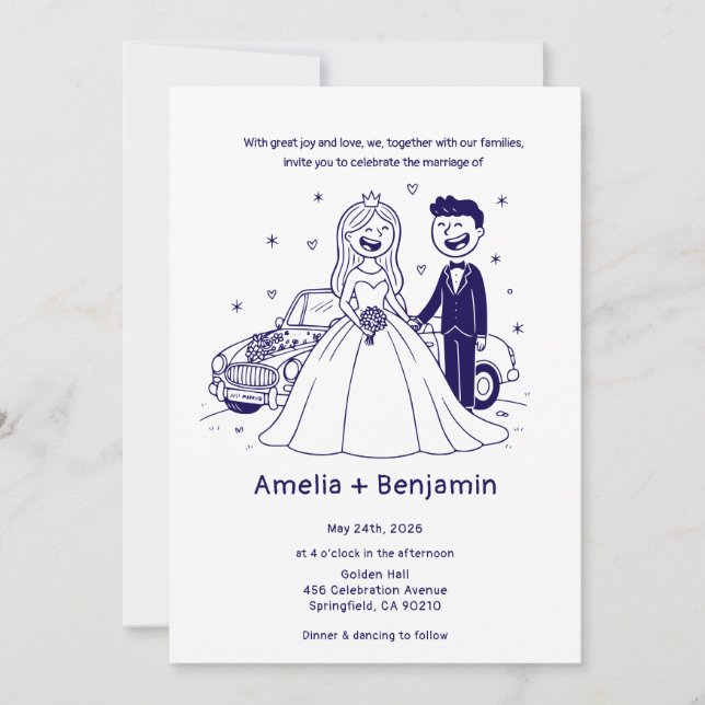 Whimsical Hand Drawn Wedding Couple | Wedding  Invitation (Front)