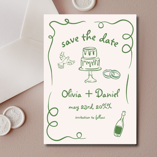 Whimsical Hand Drawn Wedding French Green Save The Date (Creator Uploaded)