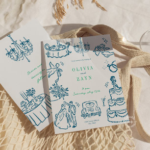 Whimsical Hand Drawn Wedding Invitation Blue