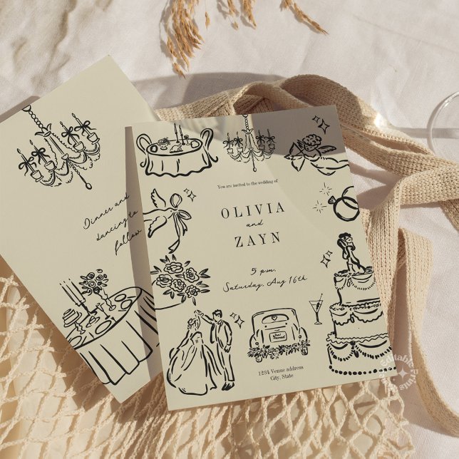 Whimsical Hand Drawn Wedding Invitation Romantic  (Whimsical Hand Drawn Wedding Invitation Black)