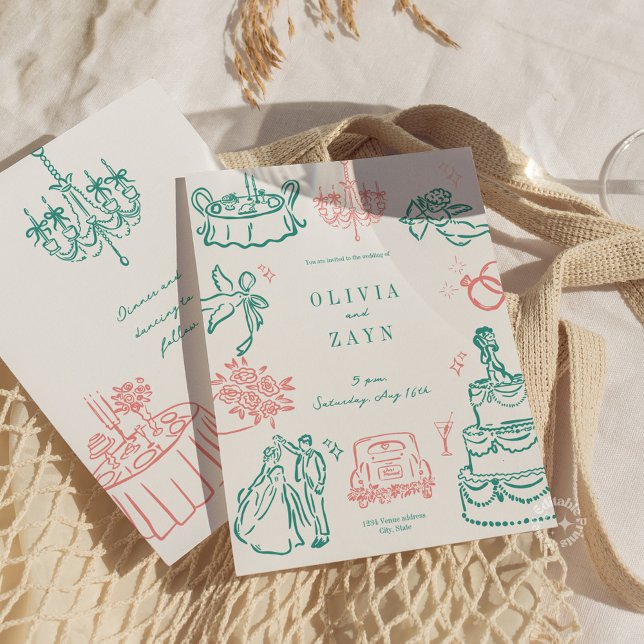 Whimsical Hand Drawn Wedding Invitation Turquoise (Whimsical Hand Drawn Wedding Invitation Green Coral Pink)