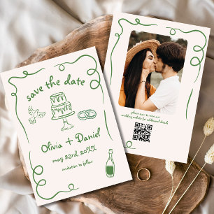 Whimsical Hand Drawn Wedding Photo Green Save The Date