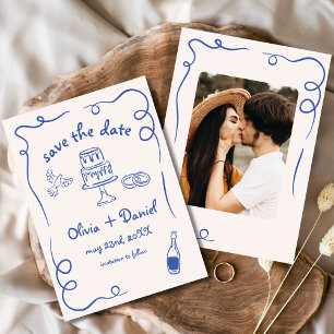 Whimsical Hand Drawn Wedding Photo Navy Blue Save The Date